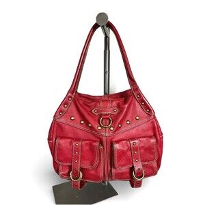 Hype Red Pebbled Leather Studded Shoulder Bag Handbag Purse  Boho Hobo Satchel